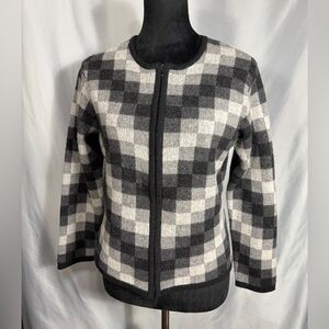 Talbots Made in Italy Merino Wool Blend Zip Front Black Gray Block Sweater Sz S